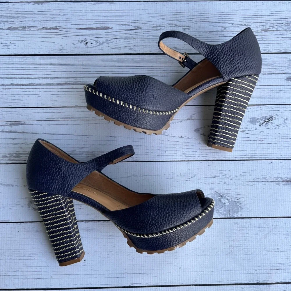 Bon-Bonite Navy Pebbled Leather Platform‎ Mary Jane Peep Toe Heels Size 37